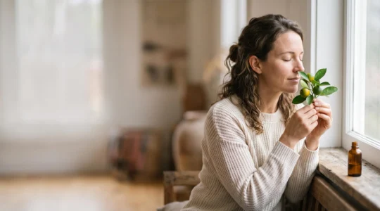 Portrait serein d'une personne respirant calmement les yeux fermés, tenant un rameau d'oranger amer près du visage, symbolisant l'apaisement de l'anxiete par l'aromatherapie