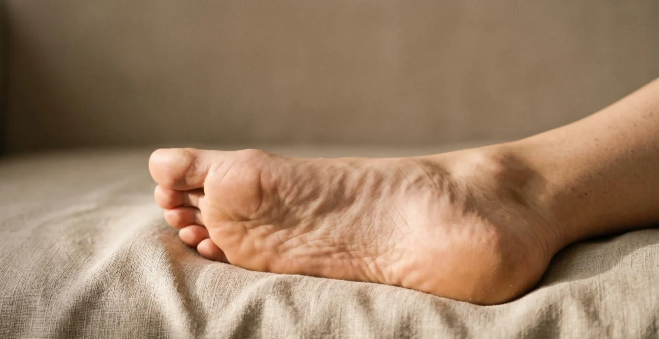Gros plan artistique sur une plante de pied evoquant une carte symbolique reliant le corps humain a ses organes internes