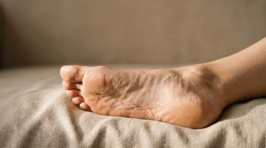 Gros plan artistique sur une plante de pied evoquant une carte symbolique reliant le corps humain a ses organes internes