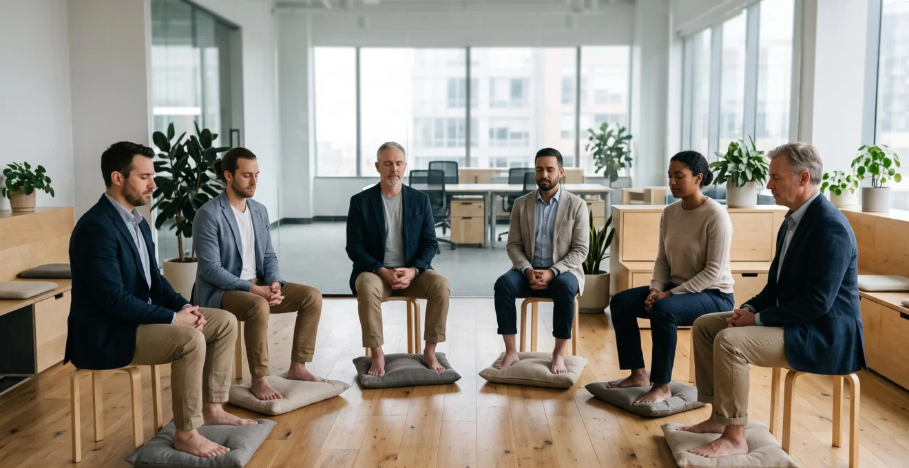 Groupe de collègues assis en cercle, pieds nus posés sur des coussins, lors d'un atelier de réflexologie collectif en entreprise
