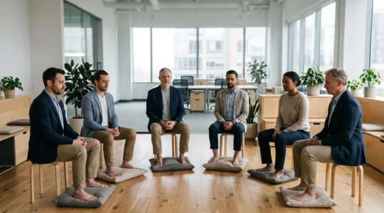 Groupe de collègues assis en cercle, pieds nus posés sur des coussins, lors d'un atelier de réflexologie collectif en entreprise