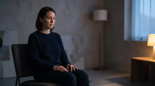Silhouette d'une personne au repos apparent mais au corps parcouru de tensions invisibles, symbolisant le stress chronique et son apaisement progressif