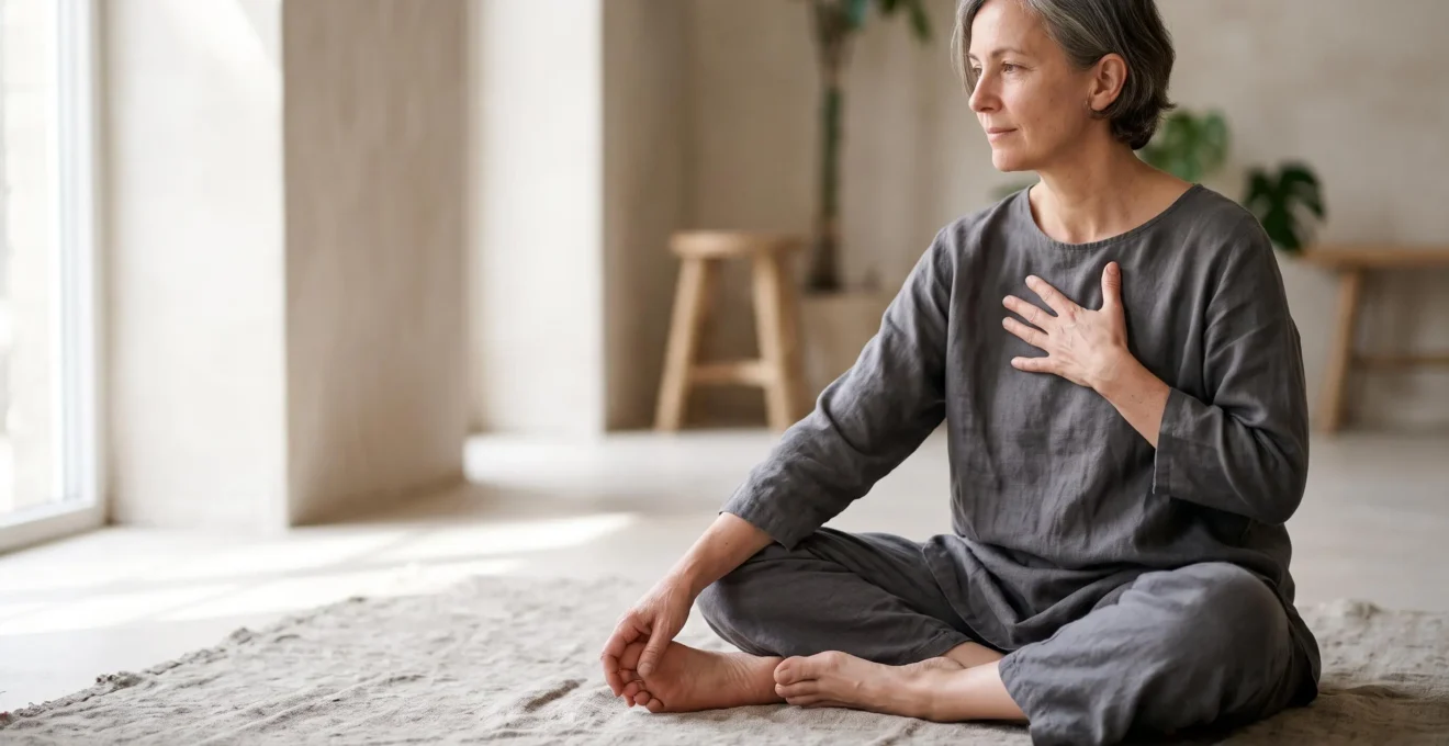 Personne assise en posture calme, une main posée sur la poitrine et l'autre sur la voûte plantaire, illustrant le lien entre respiration et réflexologie