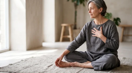 Personne assise en posture calme, une main posée sur la poitrine et l'autre sur la voûte plantaire, illustrant le lien entre respiration et réflexologie