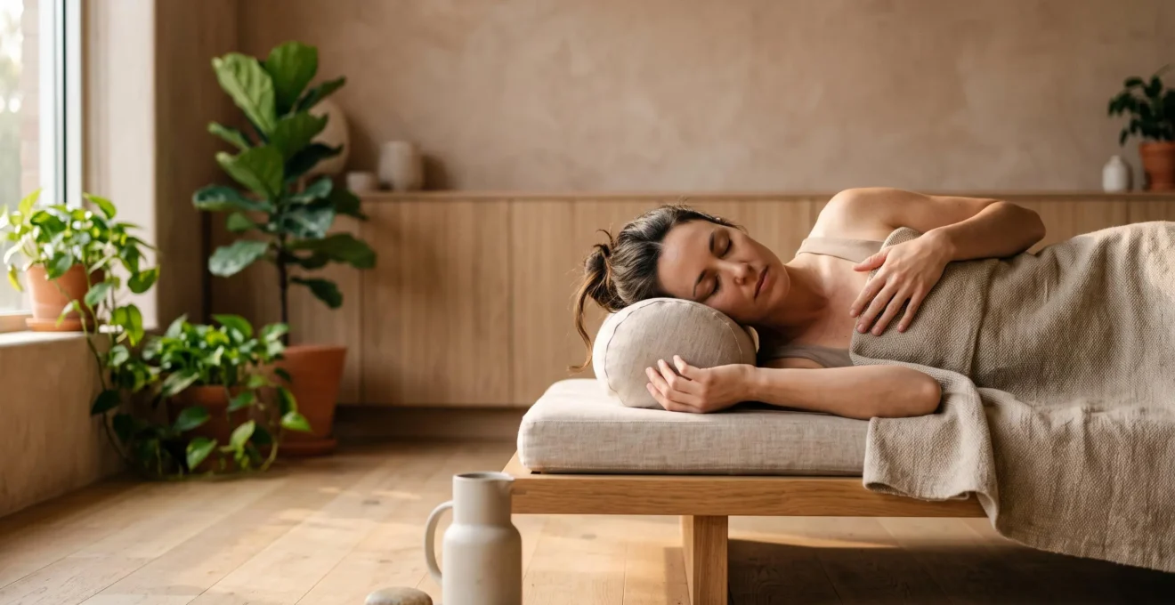 Personne allongée dans un état de relâchement profond et durable après une séance de bien-être, dans un cadre naturel apaisant