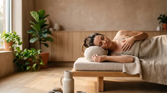 Personne allongée dans un état de relâchement profond et durable après une séance de bien-être, dans un cadre naturel apaisant