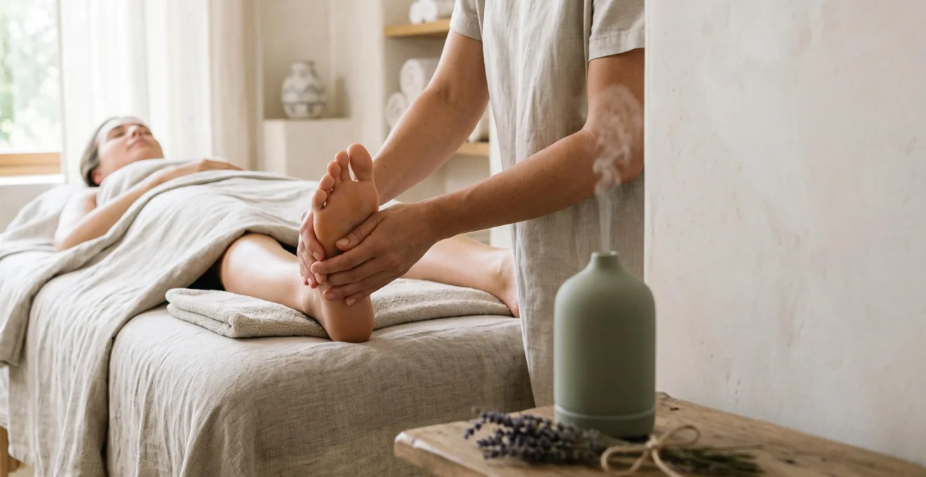 Ambiance apaisante d'une séance de réflexologie avec diffusion discrète d'huiles essentielles en arrière-plan