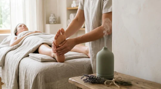 Ambiance apaisante d'une séance de réflexologie avec diffusion discrète d'huiles essentielles en arrière-plan