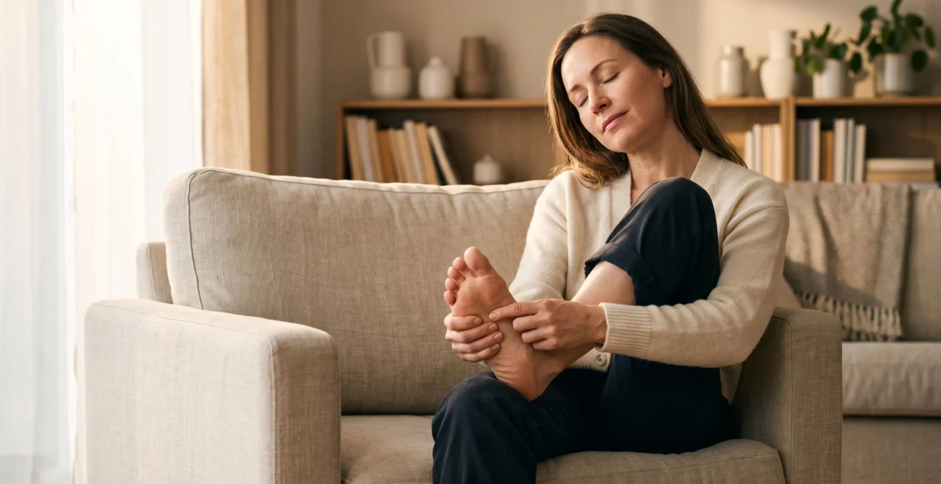 Une personne assise confortablement chez elle presse la voute de son propre pied avec le pouce pour soulager une tension du dos, dans une ambiance calme et lumineuse.