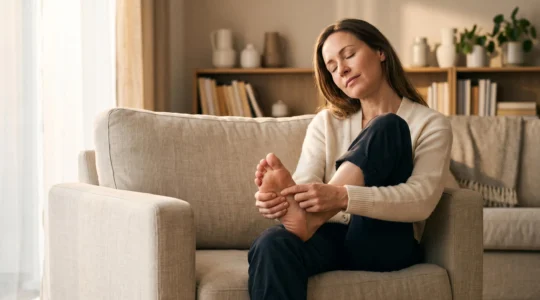 Une personne assise confortablement chez elle presse la voute de son propre pied avec le pouce pour soulager une tension du dos, dans une ambiance calme et lumineuse.