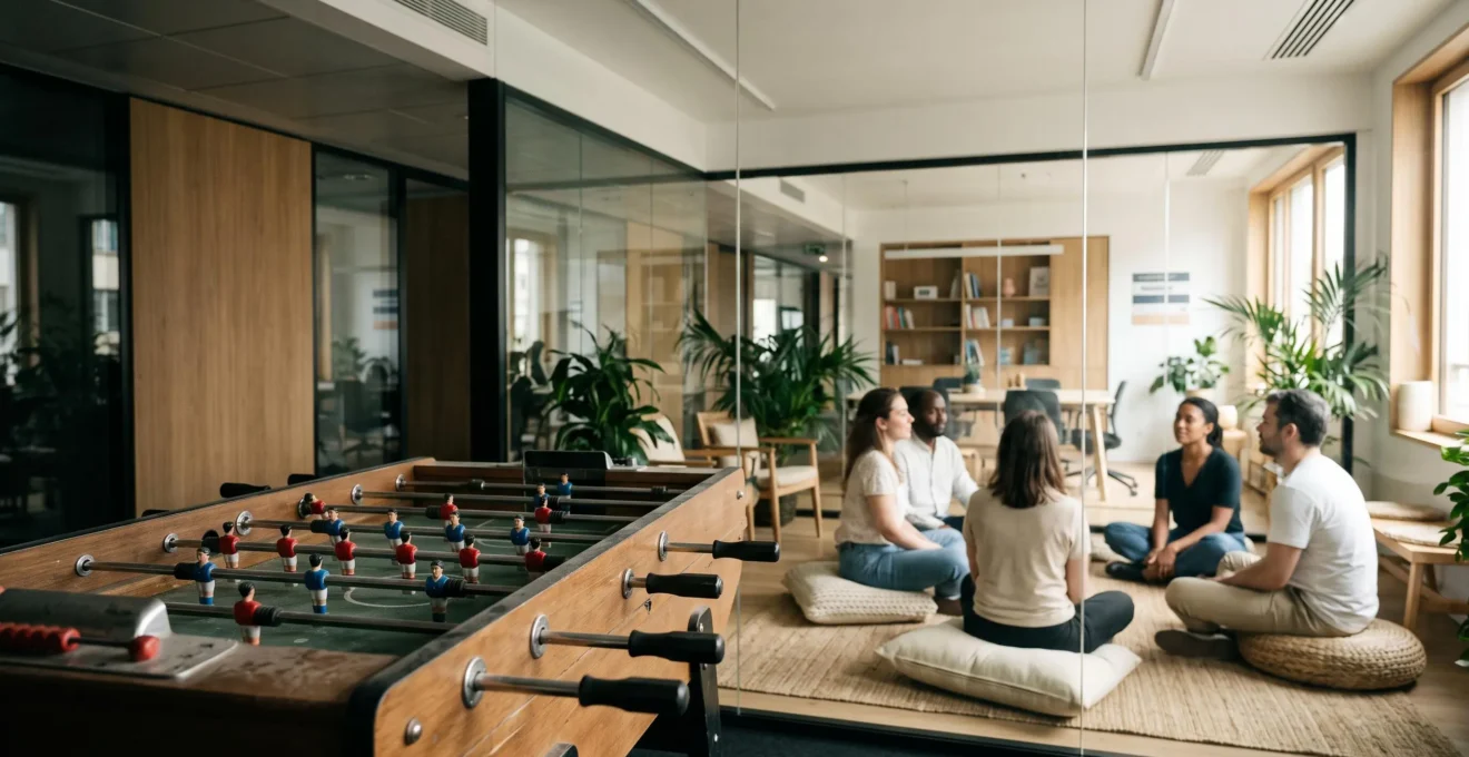 Bureau lumineux où un baby-foot poussiéreux au premier plan contraste avec une salle de pause vivante en arrière-plan, symbolisant le passage du symbole QVCT à l'action concrète.