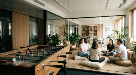 Bureau lumineux où un baby-foot poussiéreux au premier plan contraste avec une salle de pause vivante en arrière-plan, symbolisant le passage du symbole QVCT à l'action concrète.