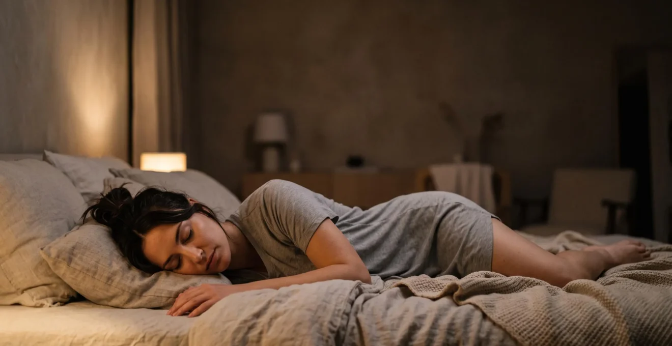Personne allongée paisiblement dans un lit dans la pénombre, illustrant un endormissement rapide et naturel sans médicament