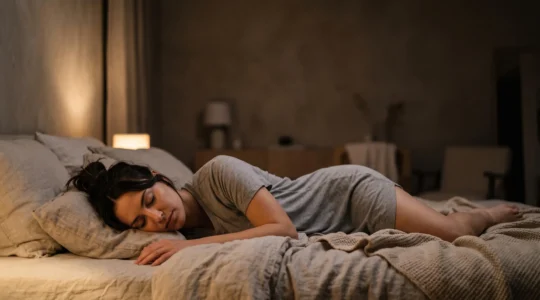 Personne allongée paisiblement dans un lit dans la pénombre, illustrant un endormissement rapide et naturel sans médicament
