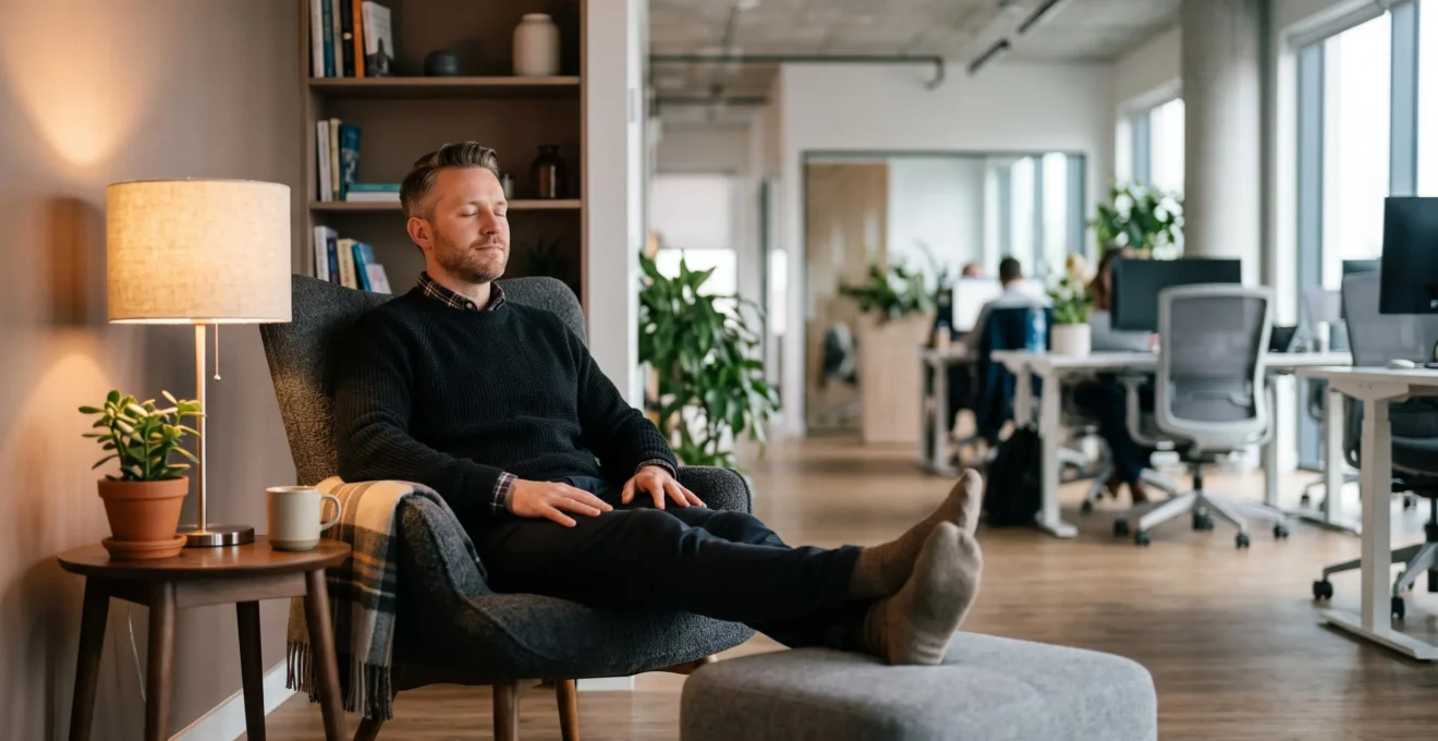 Coin de reflexologie amenage avec un fauteuil confortable et une lumiere chaude dans un bureau moderne