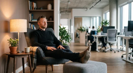 Coin de reflexologie amenage avec un fauteuil confortable et une lumiere chaude dans un bureau moderne