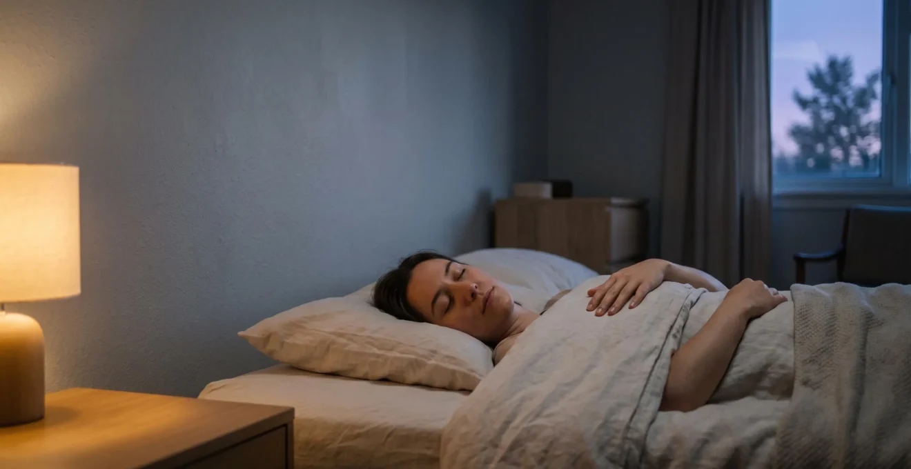 Silhouette allongee dans une chambre sombre et apaisee, symbolisant le calme mental avant l'endormissement