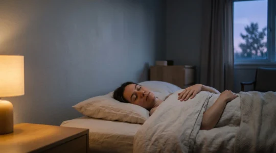 Silhouette allongee dans une chambre sombre et apaisee, symbolisant le calme mental avant l'endormissement