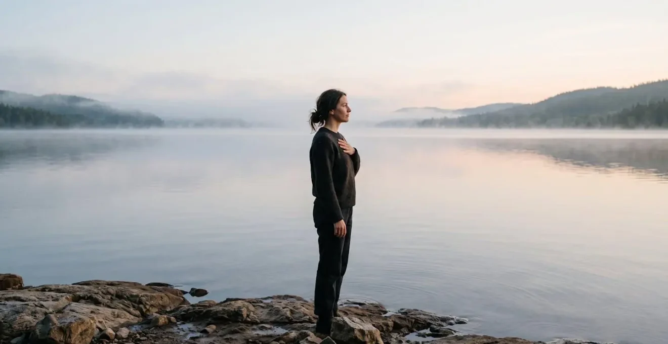 Personne debout en pleine nature dans une posture calme et centree, symbolisant la recherche d'harmonie interieure face au desequilibre de la vie