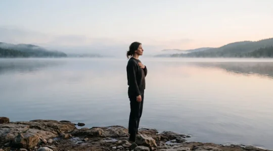 Personne debout en pleine nature dans une posture calme et centree, symbolisant la recherche d'harmonie interieure face au desequilibre de la vie