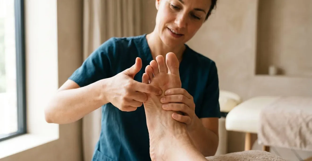 Séance de réflexologie plantaire montrant une pression douce et progressive sur un point réflexe