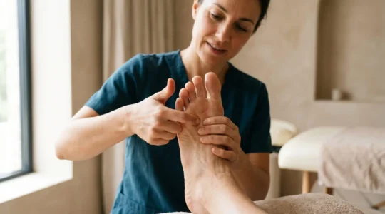 Séance de réflexologie plantaire montrant une pression douce et progressive sur un point réflexe
