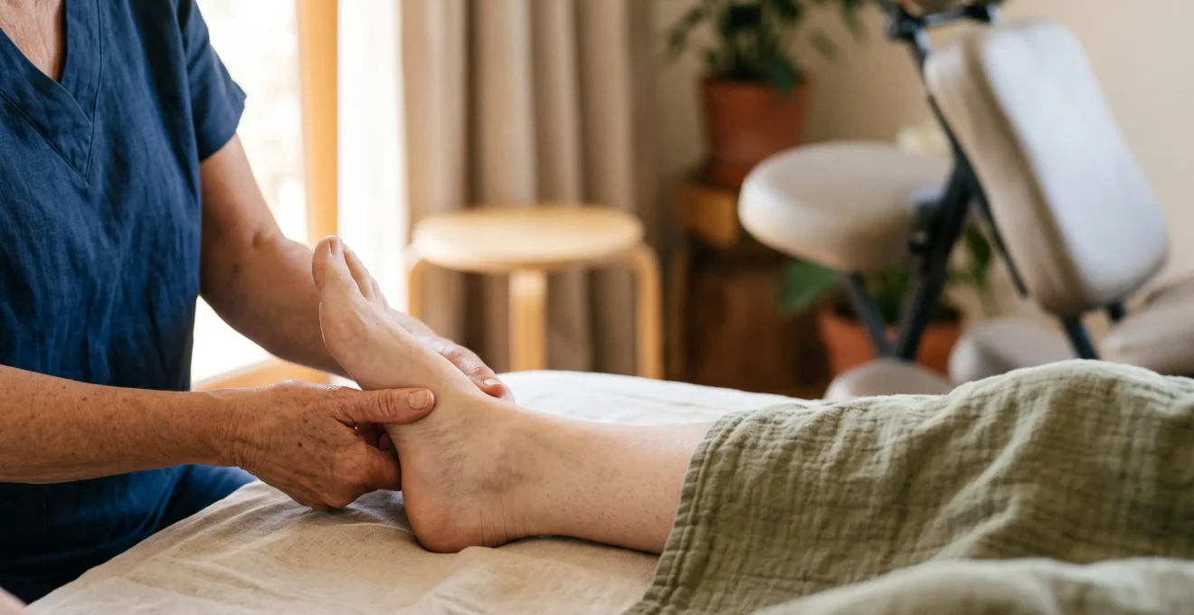 Mains expertes d'un réflexologue localisant avec précision une zone réflexe sur la voûte plantaire d'un client