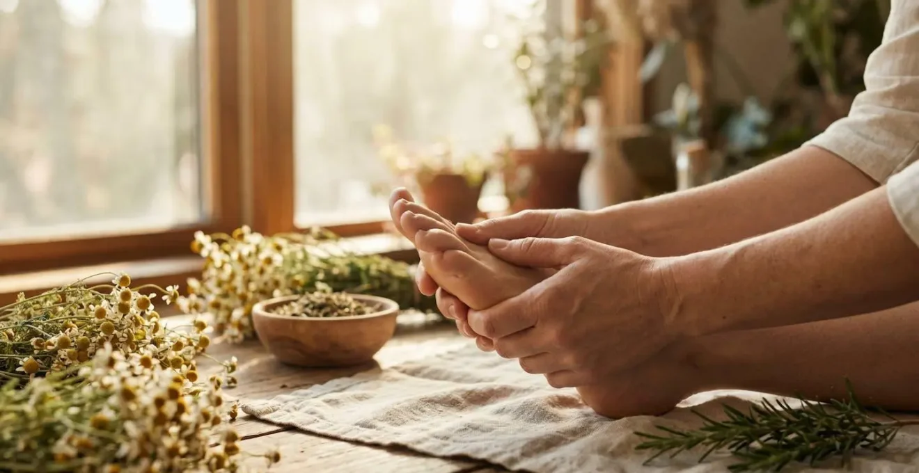 Mains pratiquant une reflexologie plantaire douce dans un cadre naturel evoquant la prevention naturopathique