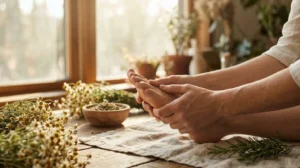 Mains pratiquant une reflexologie plantaire douce dans un cadre naturel evoquant la prevention naturopathique