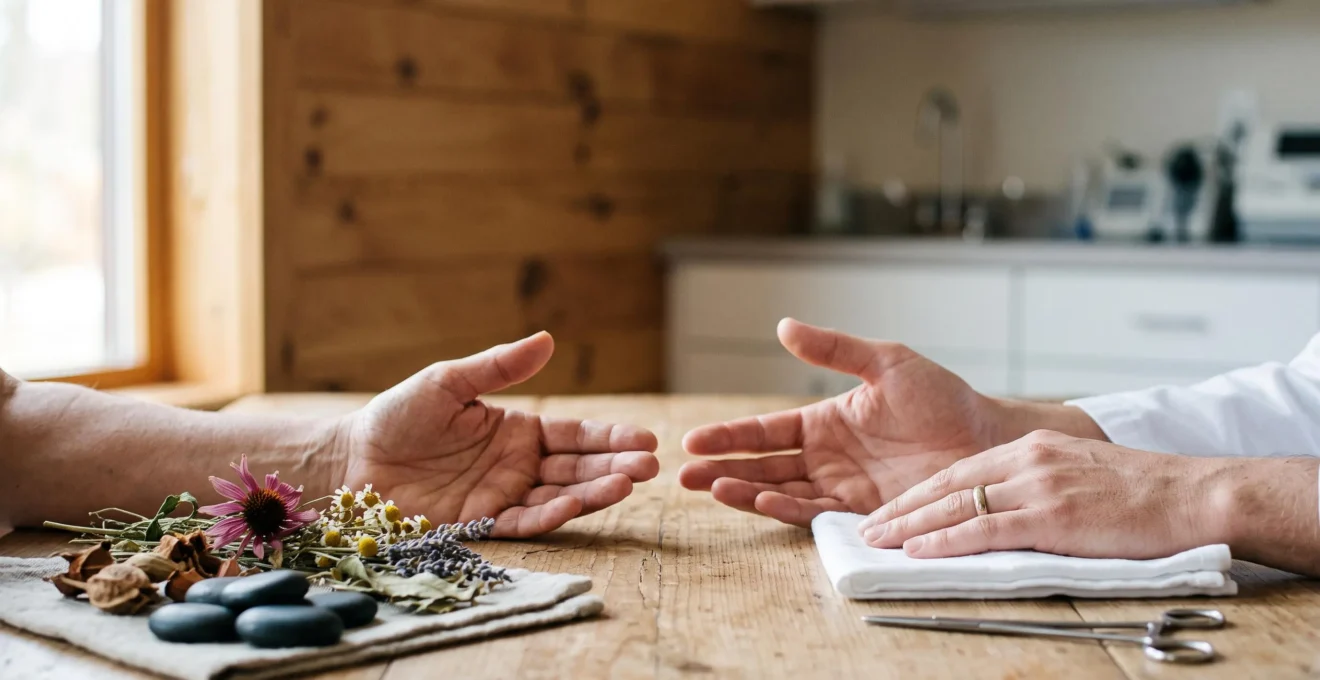 Duo symbolique représentant la rencontre entre la médecine conventionnelle et les pratiques complémentaires de bien-être