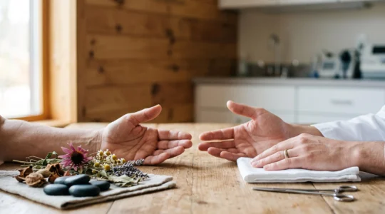 Duo symbolique représentant la rencontre entre la médecine conventionnelle et les pratiques complémentaires de bien-être
