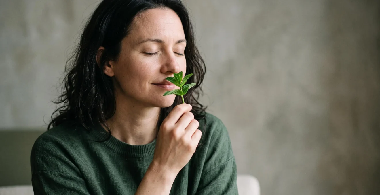 Portrait editorial d'une personne inspirant profondement la fraicheur d'une feuille de menthe poivree, symbole d'un regain instantane d'energie et de concentration.