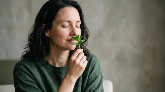 Portrait editorial d'une personne inspirant profondement la fraicheur d'une feuille de menthe poivree, symbole d'un regain instantane d'energie et de concentration.