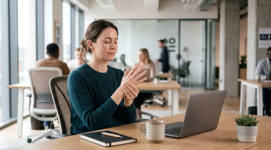 Main tenant délicatement le poignet d'une personne en pause de concentration dans un bureau lumineux et épuré