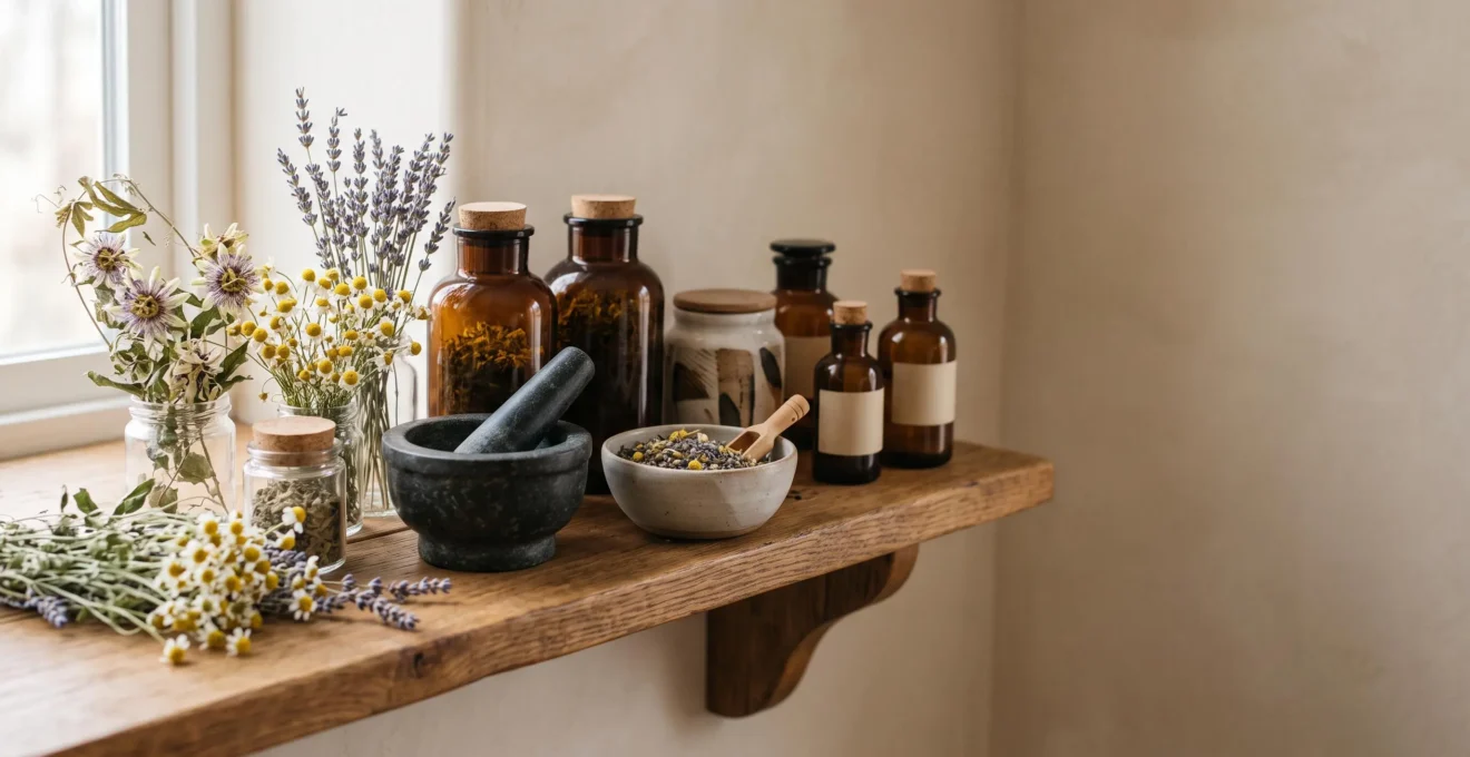 Étagère en bois présentant une pharmacie naturelle apaisante avec plantes séchées, flacons vierges et mortier, dans une lumière douce et chaleureuse