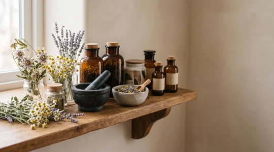 Étagère en bois présentant une pharmacie naturelle apaisante avec plantes séchées, flacons vierges et mortier, dans une lumière douce et chaleureuse