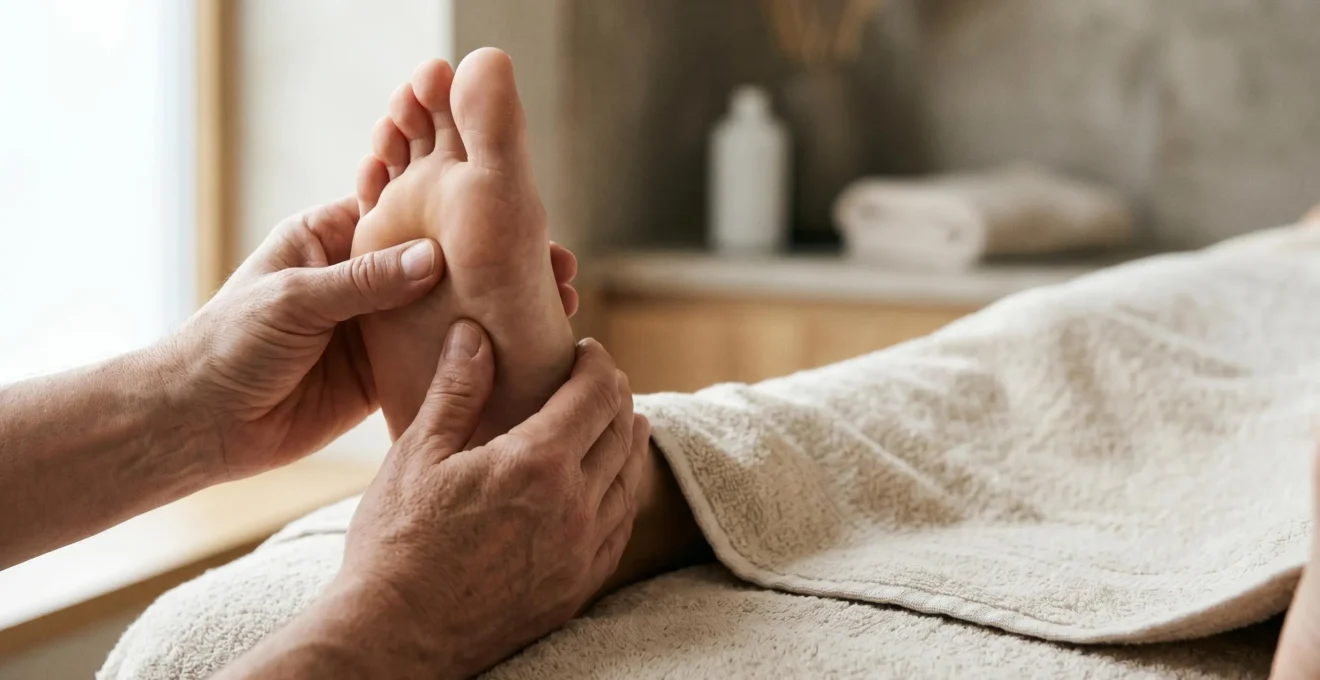 Séance de réflexologie plantaire professionnelle avec application de pressions ciblées sur les zones réflexes du pied