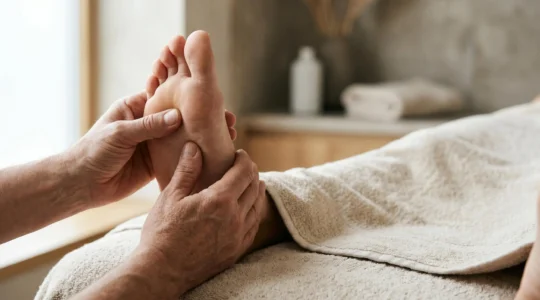 Séance de réflexologie plantaire professionnelle avec application de pressions ciblées sur les zones réflexes du pied