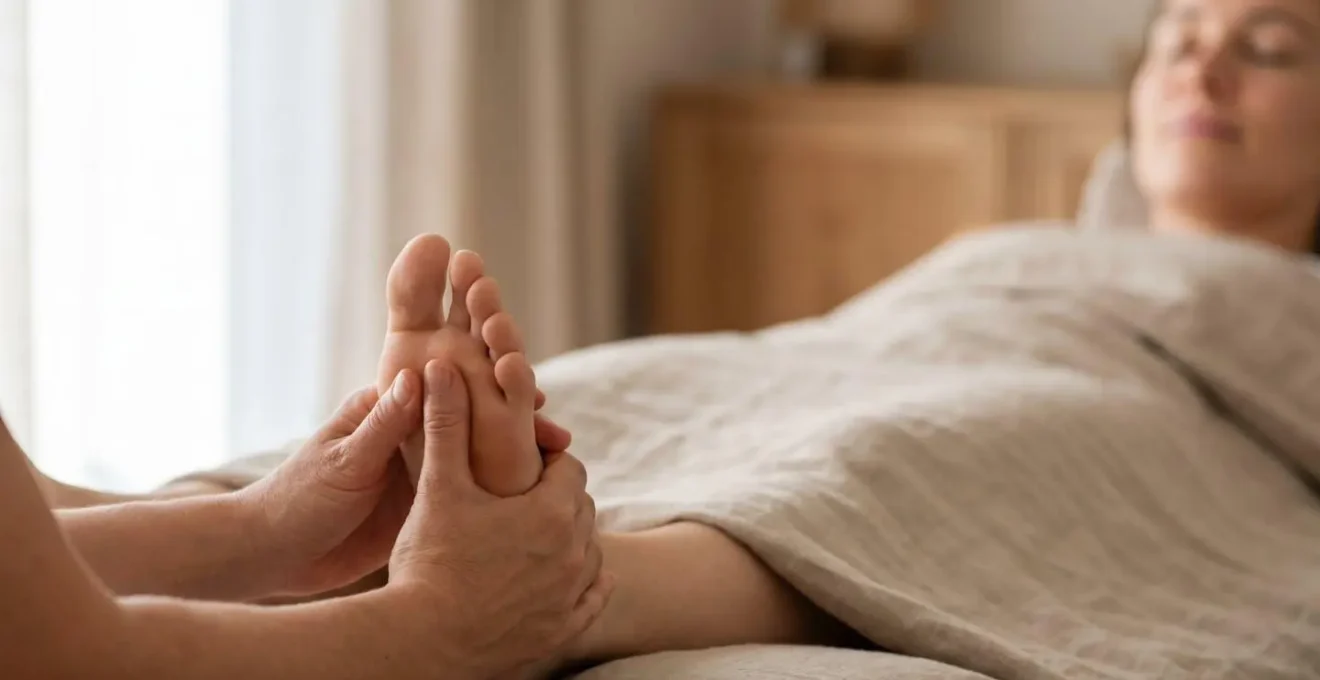 Mains d'un praticien tenant delicatement un pied lors d'une seance de reflexologie, symbole de reconnexion au corps