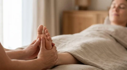 Mains d'un praticien tenant delicatement un pied lors d'une seance de reflexologie, symbole de reconnexion au corps