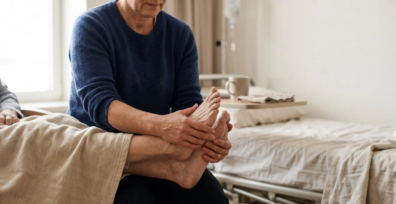 Mains posees avec douceur sur des pieds nus, symbole du soutien de la reflexologie pendant un parcours de chimiotherapie