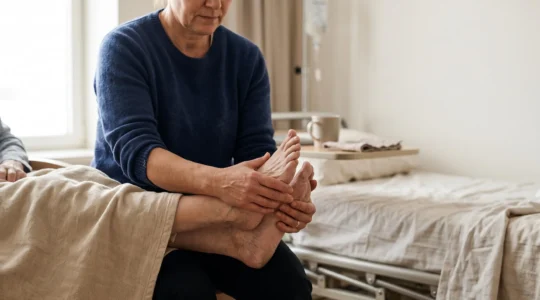 Mains posees avec douceur sur des pieds nus, symbole du soutien de la reflexologie pendant un parcours de chimiotherapie