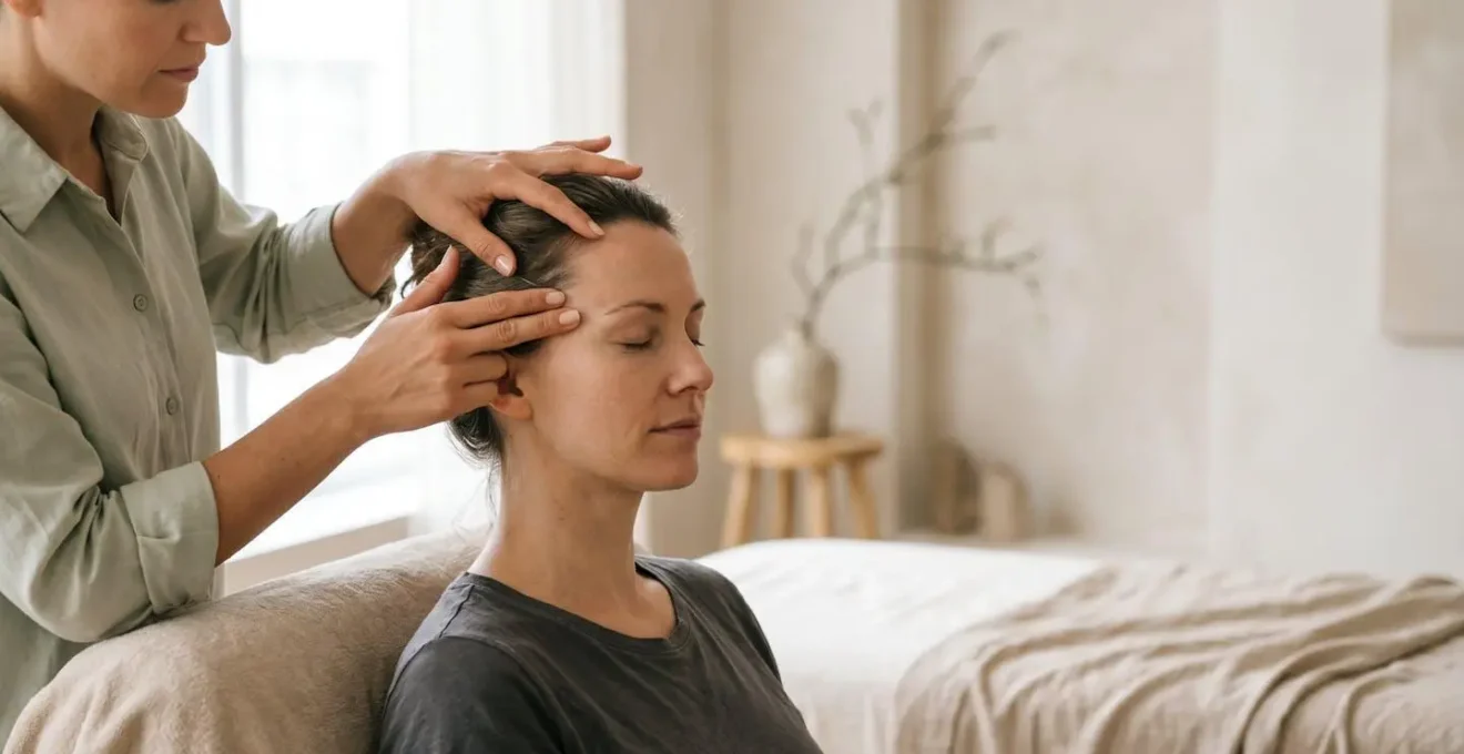 Praticien appliquant une pression douce sur les points reflexes craniens d'une personne detendue, symbolisant l'eveil de la concentration mentale