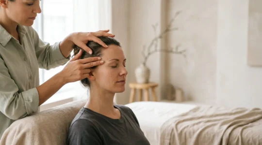 Praticien appliquant une pression douce sur les points reflexes craniens d'une personne detendue, symbolisant l'eveil de la concentration mentale