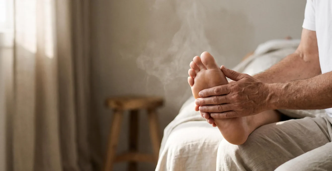 Mains de praticien tenant délicatement un pied en lumière douce, symbolisant la libération d'une émotion refoulée transformée en douleur physique