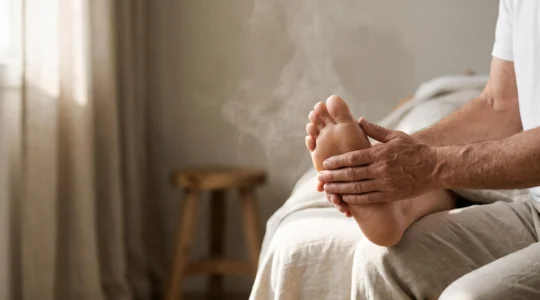 Mains de praticien tenant délicatement un pied en lumière douce, symbolisant la libération d'une émotion refoulée transformée en douleur physique