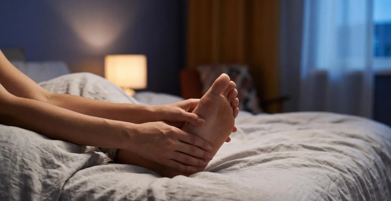 Mains massant les points reflexes de la voute plantaire au crepuscule, symbole d'un rituel de reflexologie nocturne favorisant le sommeil profond