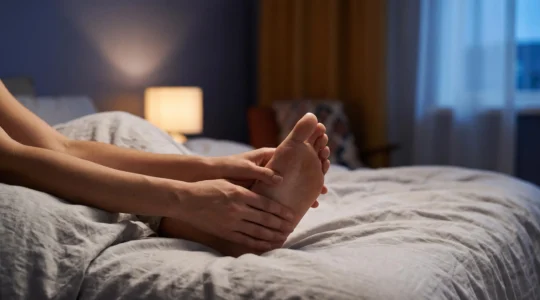 Mains massant les points reflexes de la voute plantaire au crepuscule, symbole d'un rituel de reflexologie nocturne favorisant le sommeil profond