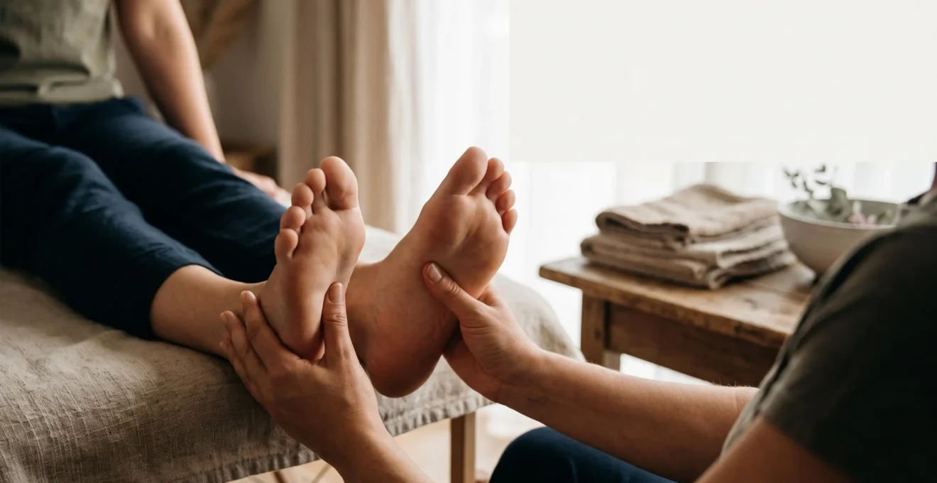 Mains d'un praticien effectuant une pression douce sur la voûte plantaire pour illustrer la régulation hormonale naturelle par réflexologie