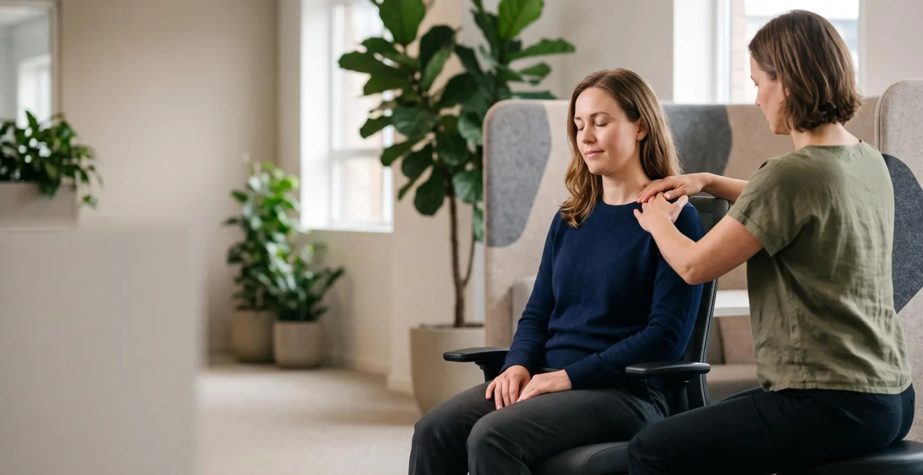Praticien réalisant une séance de réflexologie sur les mains d'une personne habillée assise sur une chaise de bureau